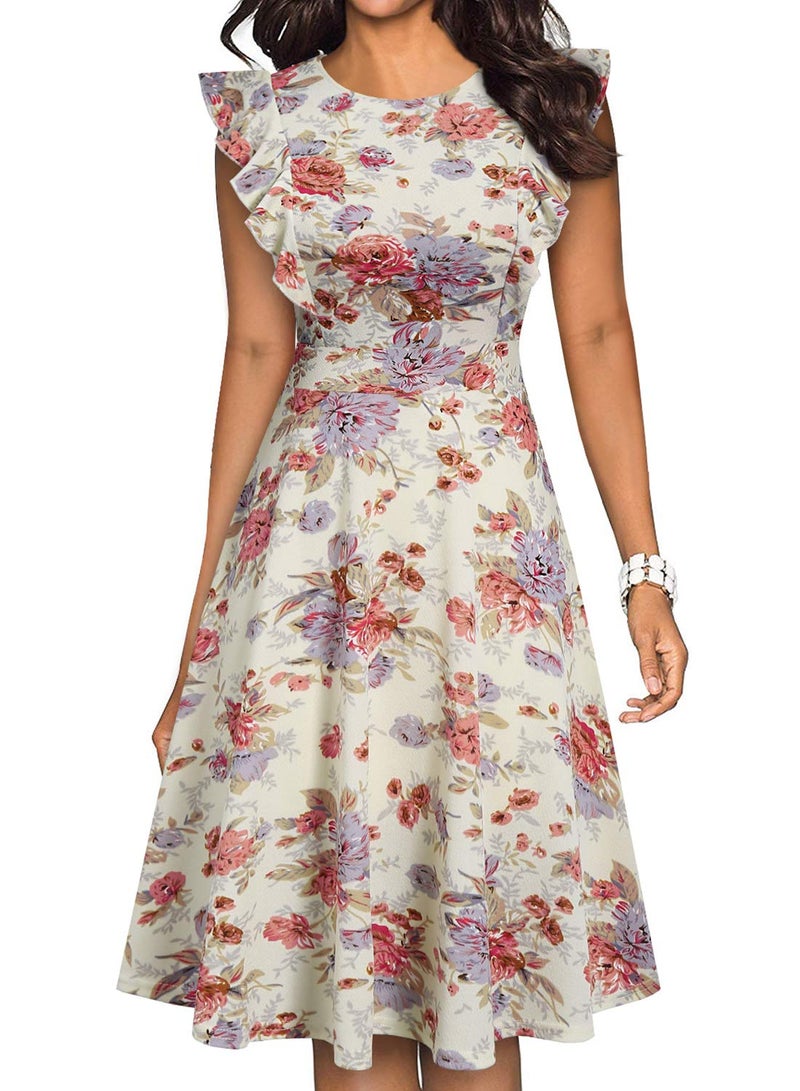 YATHON Women's Vintage Ruffle Floral Flared A Line Swing Casual Cocktail Party Dresses (XL, YT001-Beige White f 01) - Image 1